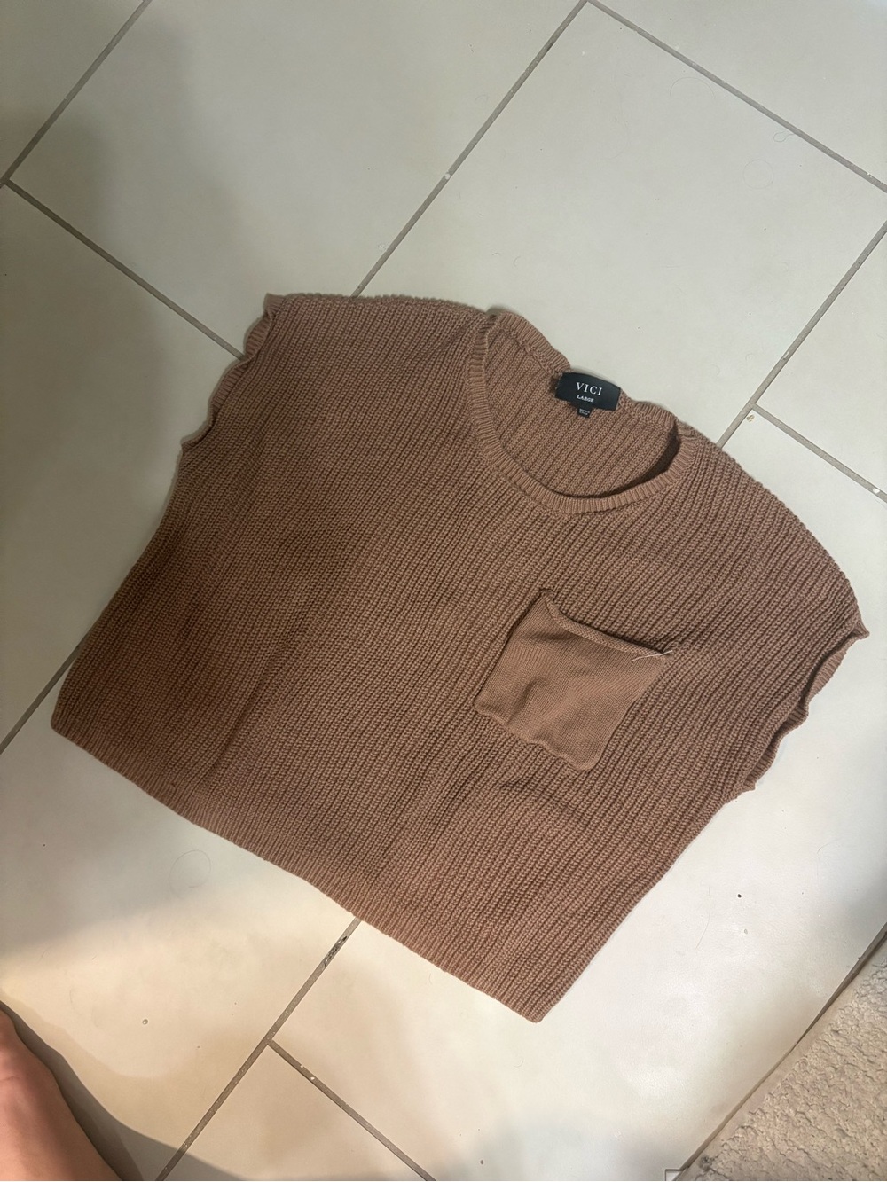 VICI Brown Ribbed Crewneck Sweater with Front Pocket